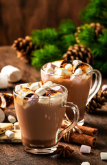 Hot chocolate drink with fried marshmallow in glass cups and winter decoration on wooden table. Concept of cosy Christmas and New Year holidays