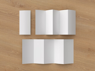 Vertical pages accordion or zigzag fold brochure mock up on wooden background. Five panels, ten pages leaflet