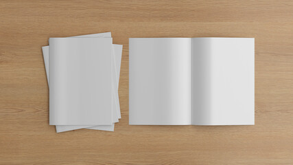 Vertical brochure or booklet mock up on wooden background.