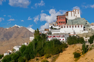 Side view of Thiksay Monastery of Leh Ladakh, Jammu and Kashmir, India. Blue cloudy sky and...