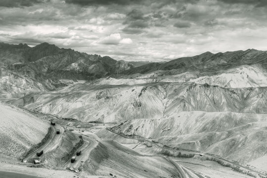 Aerial view of Zigzag road - famously known as jilabi road at old route of Leh Srinagar Highway, Ladakh, Jammu and Kashmir, India. Filtered image,