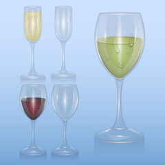 Set of transparent glass goblets for wine bar, glasses for drinks
