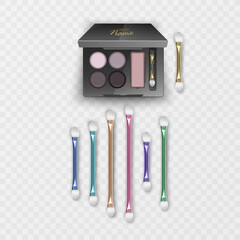 Vector MultiColored Brown Ocher Eye Shadows in square Plastic Case with Makeup Brushes Applicators Top View Isolated on White Background