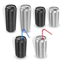 Realistic aluminum cans. Blank metallic can drink beer soda water juice packaging, empty mock up container vector template