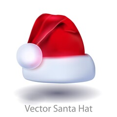 Realistic santa hat. Merry Christmas holiday, new year headdress for winter xmas celebration decoration. Traditional fancy 3d costume for december seasonal design. Vector illustration