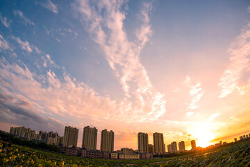 Naklejka premium The river in the city Park reflects the city skyline against a beautiful and spectacular sunset backdrop.