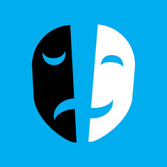 Theatrical masks icon. Blue background. Black and white symbols. Comedy and tragedy. Vector illustration. Stock image. 