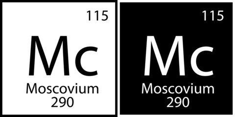 Moscovium symbol. Periodic element icon. White and black. Mendeleev table. Flat symbol. Vector illustration. Stock image. 