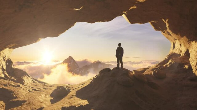 Adventurous Man Hiker standing in a cave with rocky mountains in background. Adventure Composite. 3d Rendering Peak. Aerial Image of landscape from British Columbia, Canada. Sunset Cloudy Sky