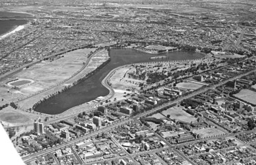 Vctoria, Melbourne aerial view of the city and Albert park lake and suburbs 1967.