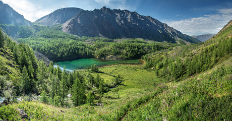 Naklejka na ściany i meble Mountain valley with a lake on a morning, summer greens, Altai
