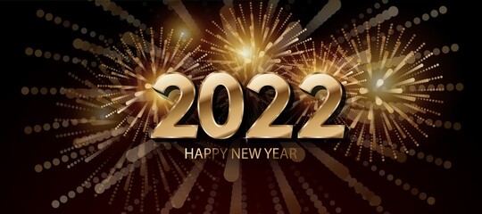 New Year 2022 greeting card design with color firework on black ground. Happy New 2022 Year. illustration with festive typographic composition. 2022 numbers and graphic multicolored fireworks shape