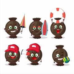 Happy Face chocolate candy wrap cartoon character playing on a beach