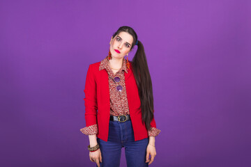 Retro fashion 90s 80s young woman in red jacket portrait, disappointed emotion.