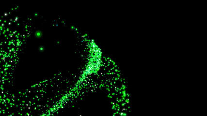 flying green particles on a black background. dark abstract background with glowing particles