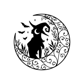 Silhouette of beautiful young witch with crescent moon decoration