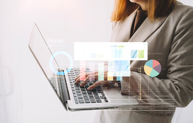 Businessman working with smart phone and laptop and digital tablet computer in office with digital marketing media in virtual icon