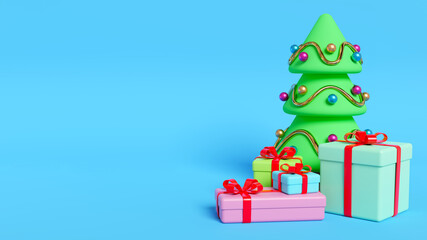 Christmas tree with colored balls, golden tinsel and gift boxes under it. Cartoon new year background with copy space. 3D rendered image.