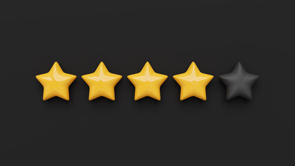 Glossy yellow five star rating on a black background. 3D rendered image.