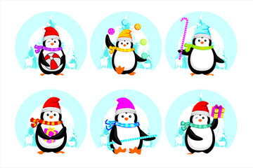 Merry Christmas. Cute Penguin with Christmas style. Set of penguins. Collection of different polar penguins. 