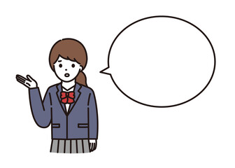 困りながら説明・案内をする学生服の女子高校生・中学生 吹き出し
