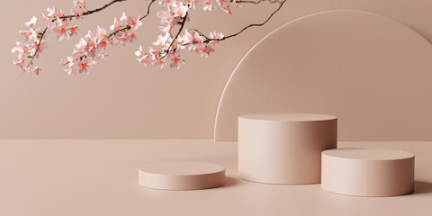 Product display podium with blossom flowers on brown background. 3D rendering