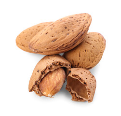 Fresh almond nuts on white background