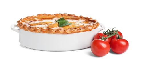Tasty beef pot pie on white background