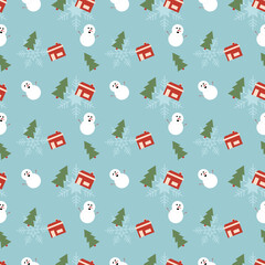 Snowman, Christmas tree, house and Snowflakes vector repeat pattern, Hand drawn Christmas repeat pattern for  background, wallpaper, gift wrapper, textile, packaging, banner.