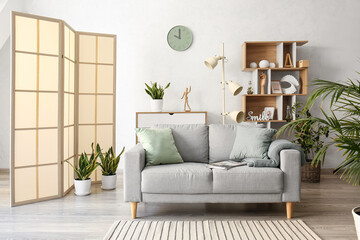 Stylish folding screen near sofa in living room interior © Pixel-Shot