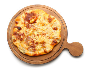 Board with delicious khachapuri on white background