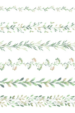 Set of watercolor seamless borders. Spring foliage. Beautiful isolated clipart element for design.