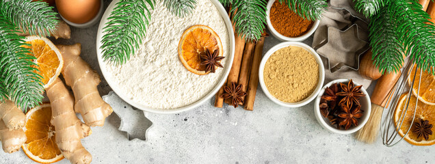 Ingredients for gingerbread cookies on a light gray culinary background. Assortment of food for...