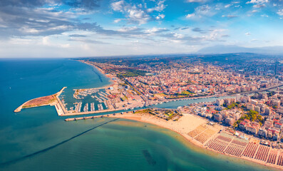 Aerial landscape photography. Colorful summer view from flying drone Pescara port. Beautiful...