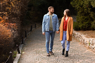 Beautiful couple walking in autumn park