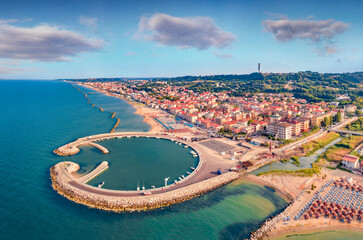 Spectacular morning view from flying drone of Francavilla al Mare port. Picturesque summer seascape...