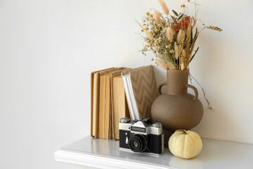 Vase with dried flowers, pumpkin, photo camera and books on mantelpiece near light wall - Powered by Adobe