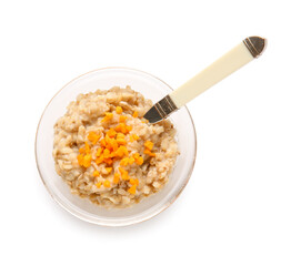 Bowl of tasty oatmeal with pumpkin on white background