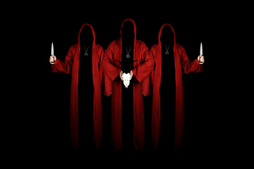 Mystery people in a red hooded cloaks in the dark holding ritual daggers and goat skull.. Hiding...