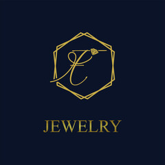 Golden Initial E Letter in Geometric hexagon with diamond for Jewelry business logo vector idea
