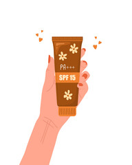 Skin care concept. Female hand holds tube of sunscreen. Facial cream with SPF. Protection for face from solar ultraviolet light. Hand drawn beauty product. Vector illustration in flat style.
