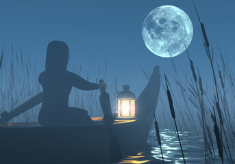 A mysterious night illustration of a girl in a raincoat and a lantern floating on the water among the reeds in a boat against the background of a large moon in the fog. 3D Render