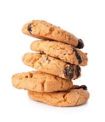 Stack of delicious cookies with raisins on white background