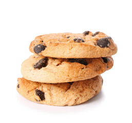 Stack of delicious homemade cookies with chocolate chips on white background