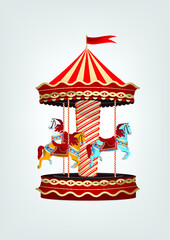 Realistic vintage carousel with blue, orange and white horses. Vector illustration © IKANIMO