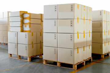 Stack of Packaging Boxes on Pallets in Storage Warehouse. Supply Chain. Storehouse Commerce Shipment. Shipping Warehouse Logistics.	