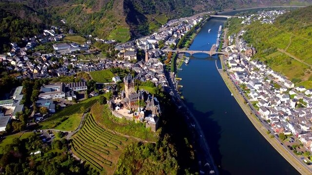 Aerial footage from Cochem castle in Western Germany during a sunny late summer day