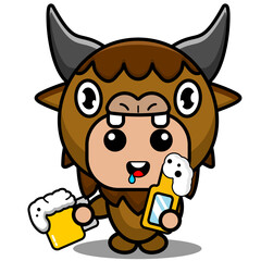 vector cartoon character cute bison animal mascot costume holding beer bottle