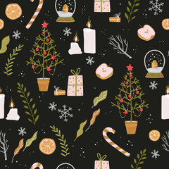 Winter holiday seamless pattern with snow, tree, gifts and other winter celebration symbols. Christmas and New Year decorations.