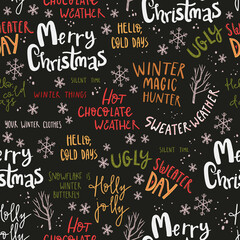 Winter holiday seamless pattern with hand lettering and snow. Christmas and New Year decorations.